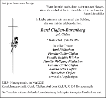 Traueranzeige von Berti Claßen-Barenberg von Zeitung am Sonntag