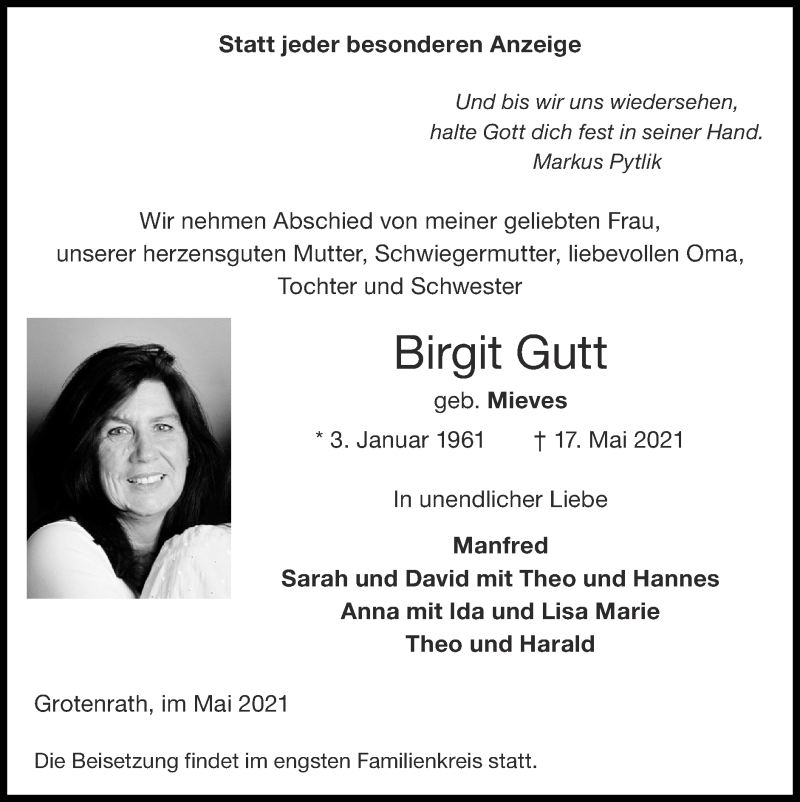  Traueranzeige für Birgit Gutt vom 23.05.2021 aus Zeitung am Sonntag