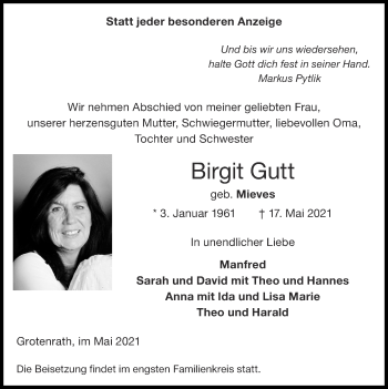 Traueranzeige von Birgit Gutt von Zeitung am Sonntag