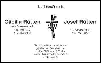 Traueranzeige von Cäcilia Rütten von Zeitung am Sonntag