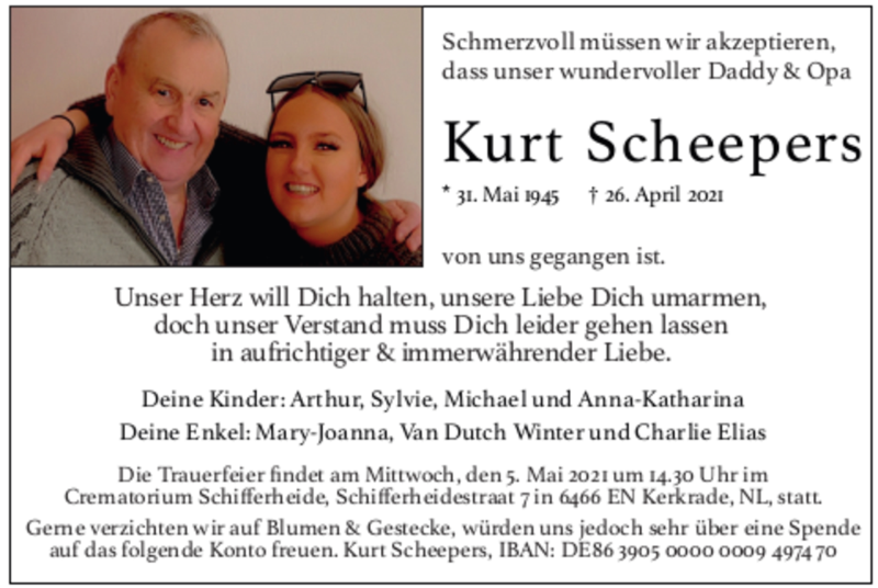  Traueranzeige für Kurt Kornelius Scheepers vom 02.05.2021 aus Zeitung am Sonntag