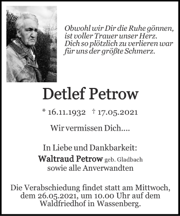Traueranzeige von Detlef Petrow von Zeitung am Sonntag