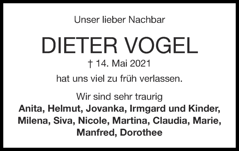  Traueranzeige für Dieter Vogel vom 23.05.2021 aus Zeitung am Sonntag