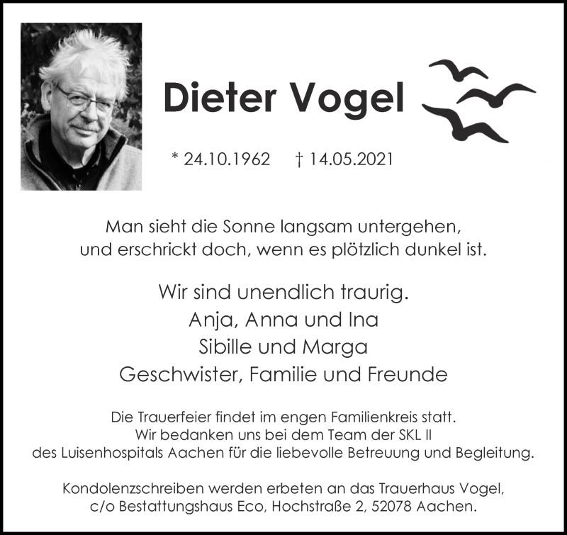  Traueranzeige für Dieter Vogel vom 22.05.2021 aus Aachener Zeitung / Aachener Nachrichten