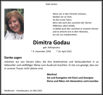 Traueranzeige von Dimitra Godau von Zeitung am Sonntag