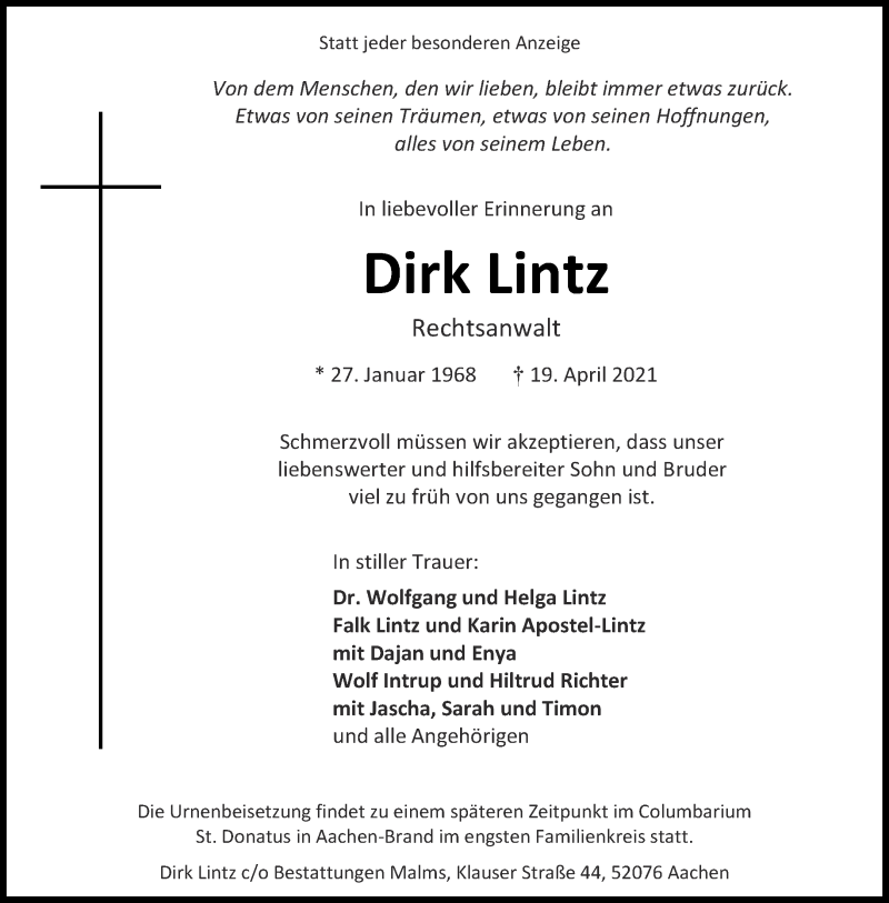  Traueranzeige für Dirk Lintz vom 15.05.2021 aus Aachener Zeitung / Aachener Nachrichten