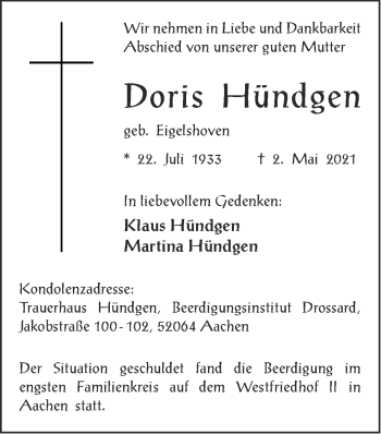Traueranzeige von Doris Hündgen von Zeitung am Sonntag