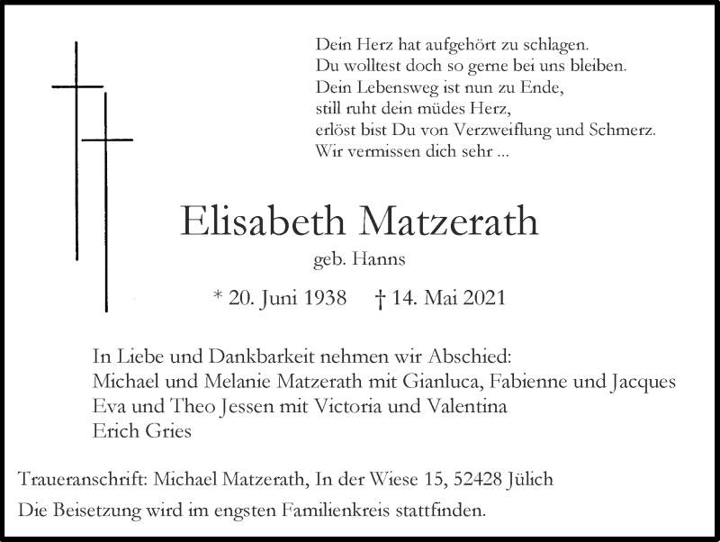  Traueranzeige für Elisabeth Matzerath vom 23.05.2021 aus Zeitung am Sonntag