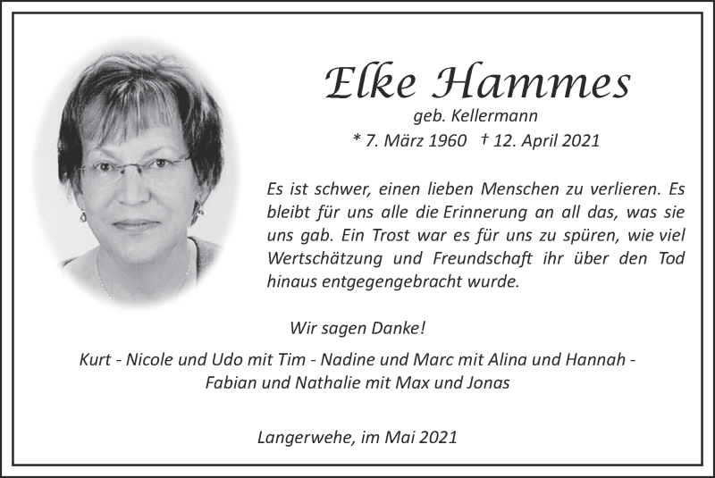  Traueranzeige für Elke Hammes vom 16.05.2021 aus Zeitung am Sonntag