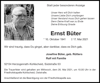 Traueranzeige von Ernst Büter von Zeitung am Sonntag