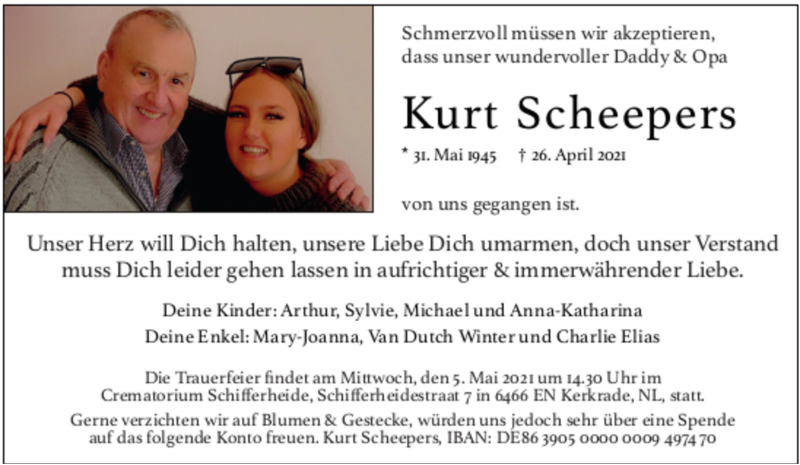  Traueranzeige für Kurt Kornelius Scheepers vom 01.05.2021 aus Aachener Zeitung / Aachener Nachrichten
