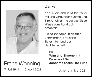 Traueranzeige von Frans Wooning von Zeitung am Sonntag