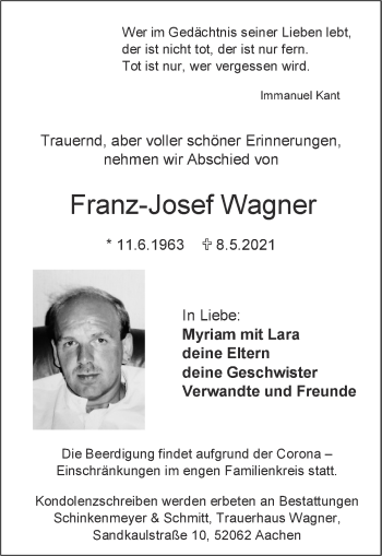 Traueranzeige von Franz-Josef Wagner von Zeitung am Sonntag