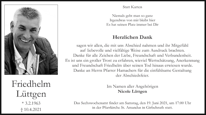  Traueranzeige für Friedhelm Lüttgen vom 30.05.2021 aus Zeitung am Sonntag