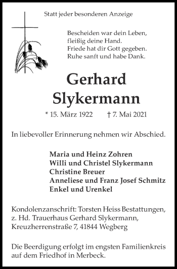 Traueranzeige von Gerhard Slykermann von Zeitung am Sonntag