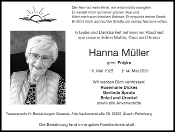 Traueranzeige von Hanna Müller von Zeitung am Sonntag