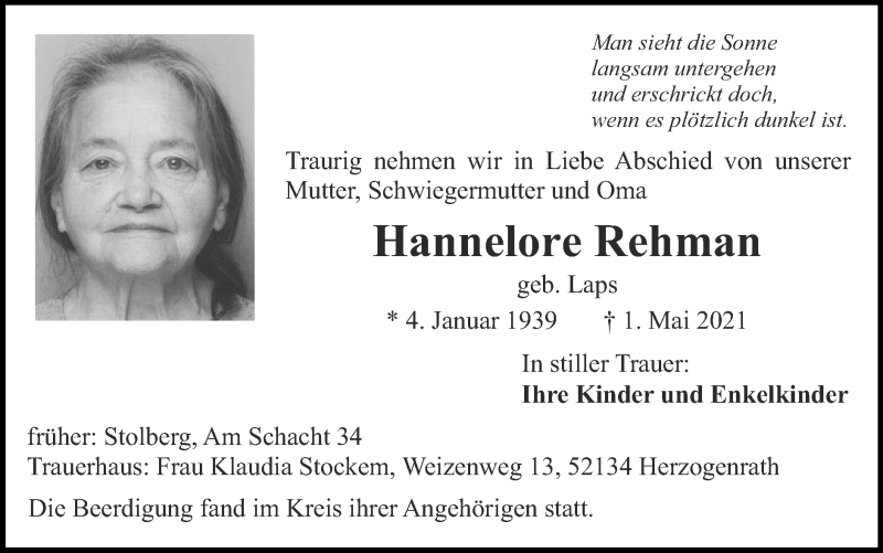  Traueranzeige für Hannelore Rehman vom 16.05.2021 aus Zeitung am Sonntag