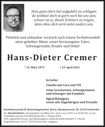 Traueranzeige von Hans-Dieter Cremer von Zeitung am Sonntag