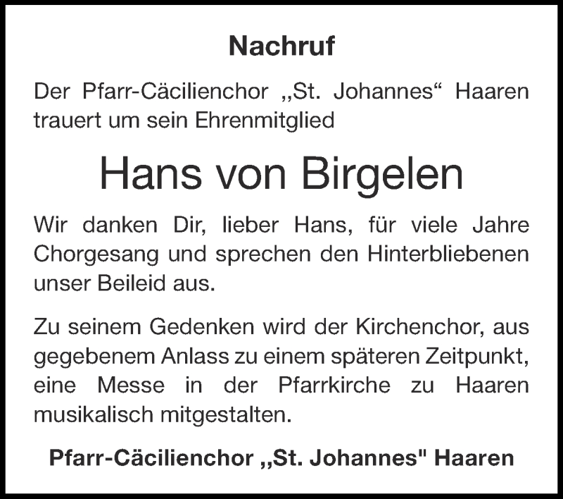  Traueranzeige für Hans von Birgelen vom 16.05.2021 aus Zeitung am Sonntag