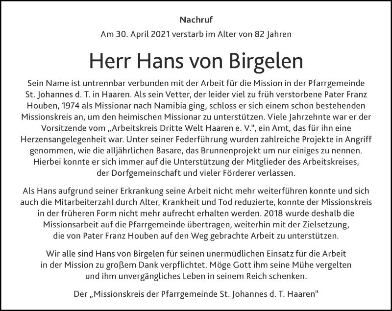  Traueranzeige für Hans von Birgelen vom 16.05.2021 aus Zeitung am Sonntag