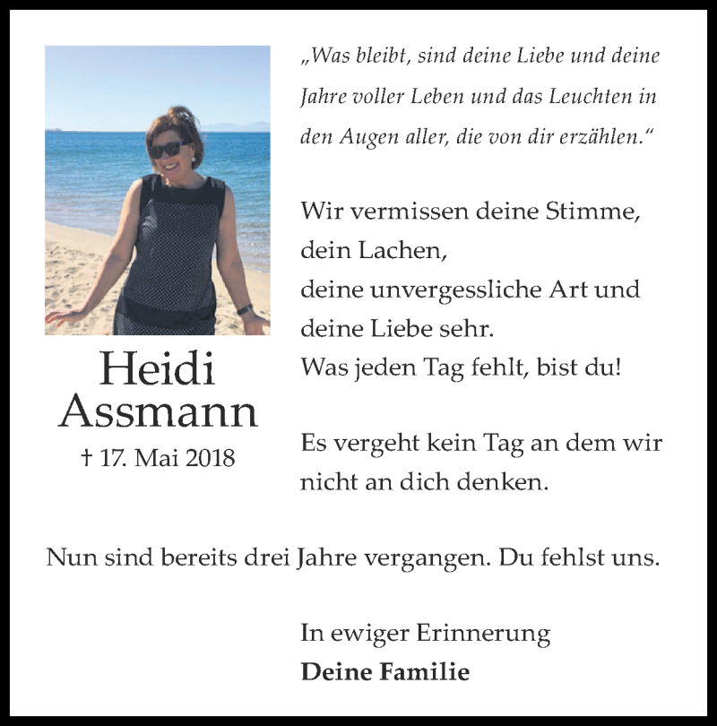  Traueranzeige für Heidi Assmann vom 23.05.2021 aus Zeitung am Sonntag