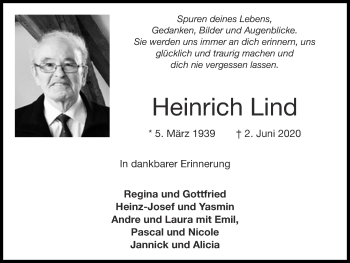 Traueranzeige von Heinrich Lind von Zeitung am Sonntag
