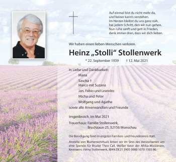Traueranzeige von Heinz  Stollenwerk von Aachener Zeitung / Aachener Nachrichten