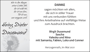 Traueranzeige von Heinz Dieter Dusemund von Zeitung am Sonntag