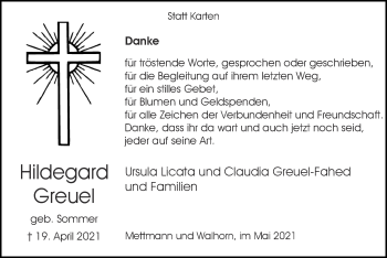 Traueranzeige von Hildegard Greuel von Zeitung am Sonntag