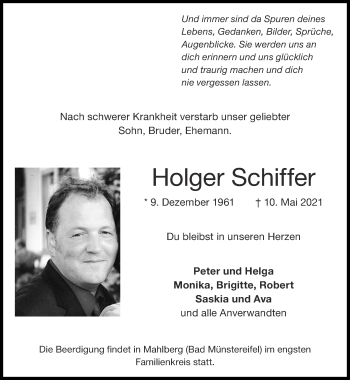 Traueranzeige von Holger Schiffer von Zeitung am Sonntag