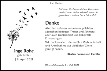 Traueranzeige von Inge Rohe von Zeitung am Sonntag