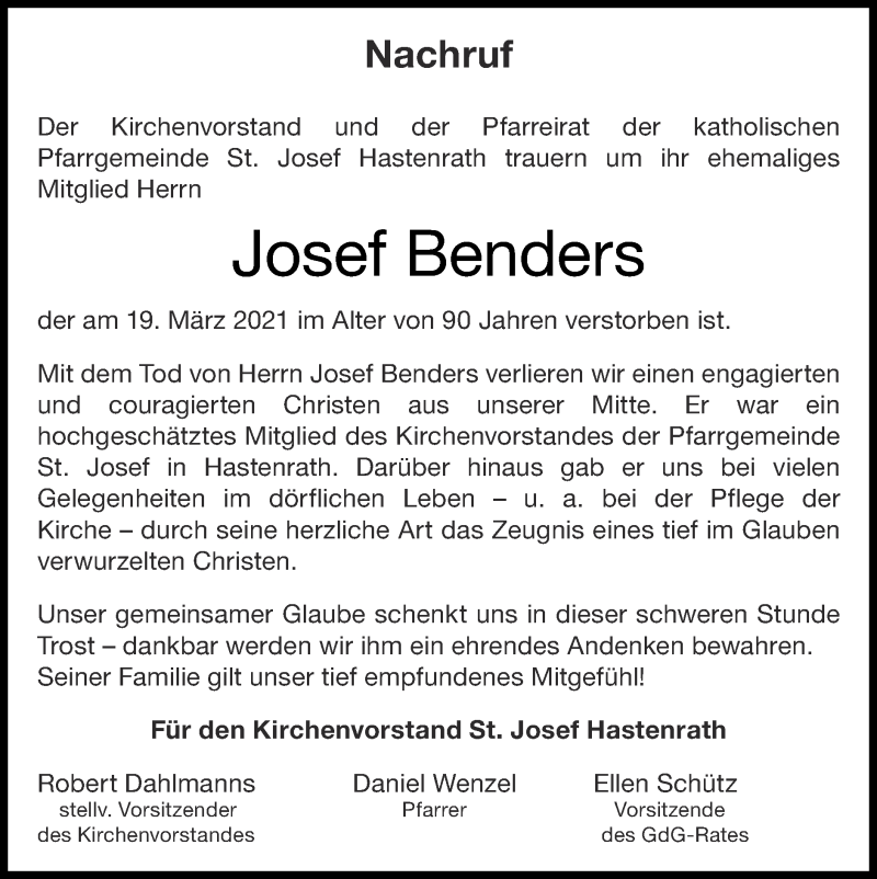 Traueranzeige für Josef Benders vom 23.05.2021 aus Zeitung am Sonntag
