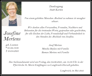 Traueranzeige von Josefine Mertens von Zeitung am Sonntag