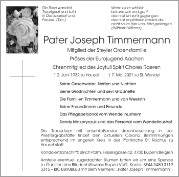 Traueranzeige von Joseph Timmermann von Zeitung am Sonntag