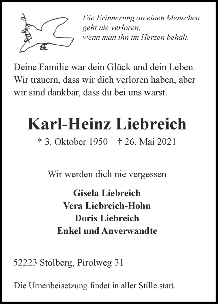  Traueranzeige für Karl-Heinz Liebreich vom 30.05.2021 aus Zeitung am Sonntag
