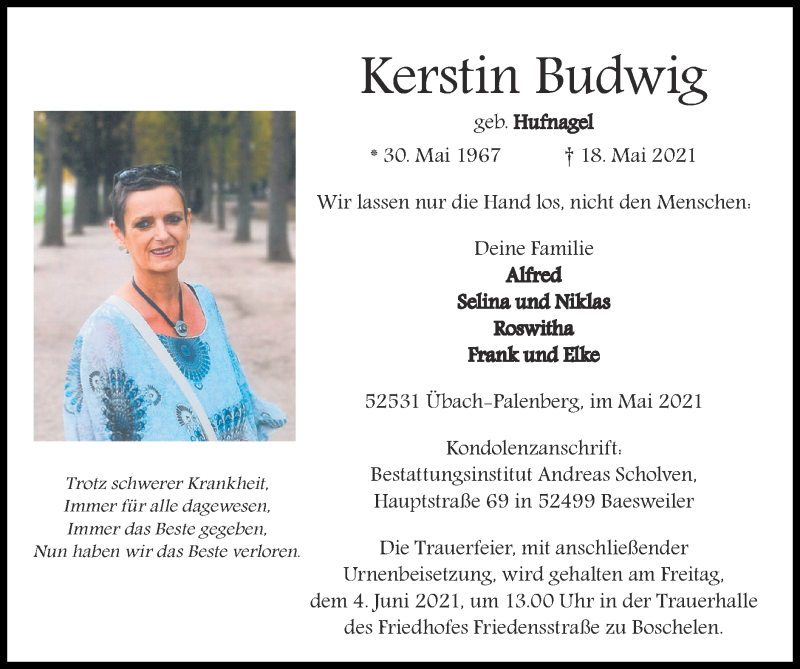  Traueranzeige für Kerstin Budwig vom 30.05.2021 aus Zeitung am Sonntag