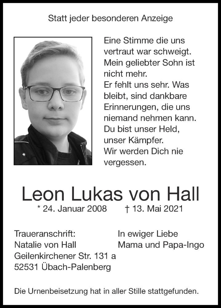  Traueranzeige für Leon Lukas von Hall vom 30.05.2021 aus Zeitung am Sonntag