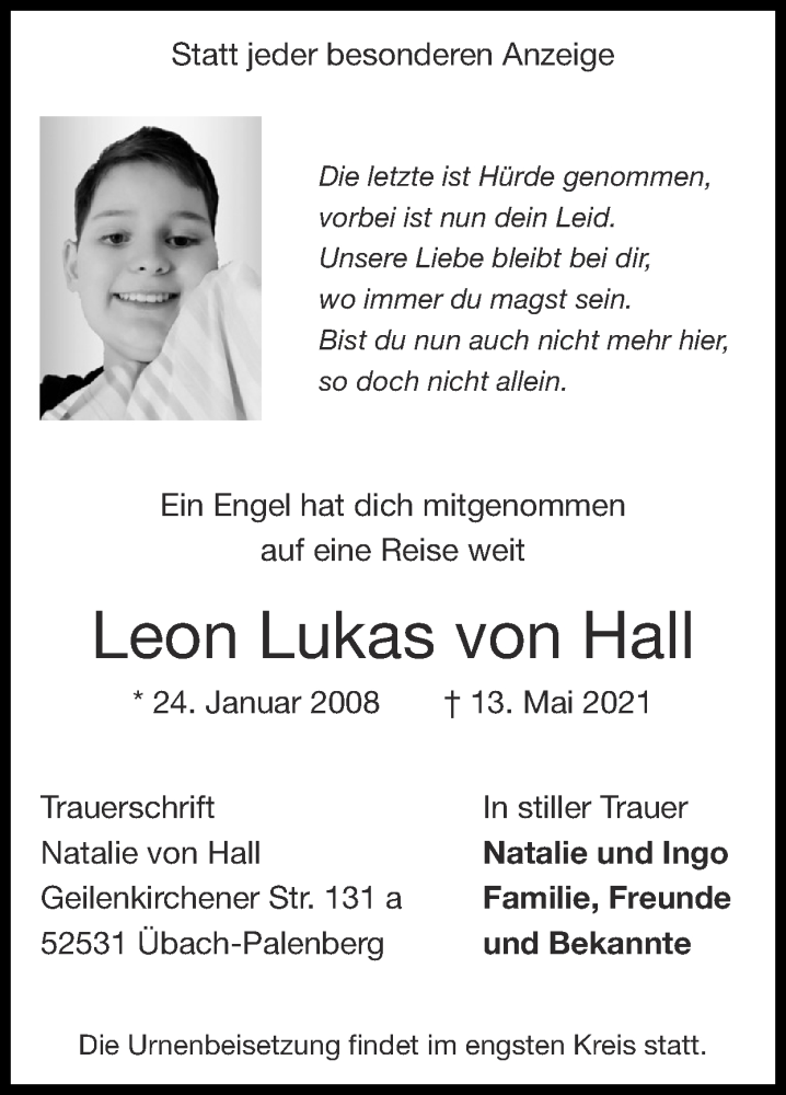  Traueranzeige für Leon Lukas von Hall vom 23.05.2021 aus Zeitung am Sonntag