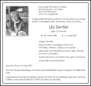 Traueranzeige von Lilo Sentler von Aachener Zeitung / Aachener Nachrichten