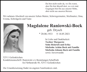 Traueranzeige von Magdalene Raniowski-Bock von Zeitung am Sonntag
