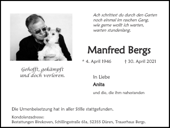 Traueranzeige von Manfred Bergs von Zeitung am Sonntag