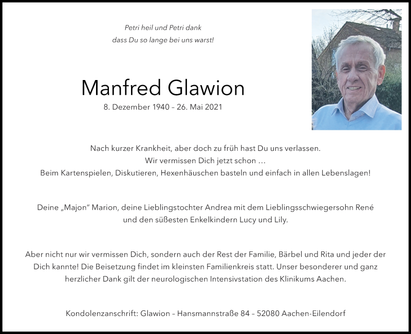  Traueranzeige für Manfred Glawion vom 29.05.2021 aus Aachener Zeitung / Aachener Nachrichten