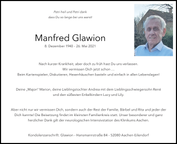 Traueranzeige von Manfred Glawion von Aachener Zeitung / Aachener Nachrichten