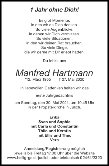Traueranzeige von Manfred Hartmann von Zeitung am Sonntag