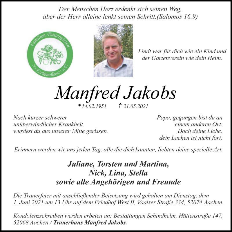  Traueranzeige für Manfred Jakobs vom 30.05.2021 aus Zeitung am Sonntag