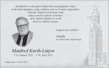 Traueranzeige von Manfred Kurth-Lütjen von Zeitung am Sonntag