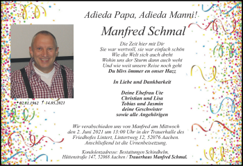 Traueranzeige von Manfred Schmal von Zeitung am Sonntag