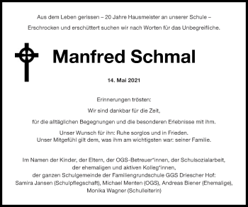 Traueranzeige von Manfred Schmal von Zeitung am Sonntag