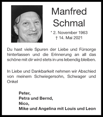 Traueranzeige von Manfred Schmal von Zeitung am Sonntag
