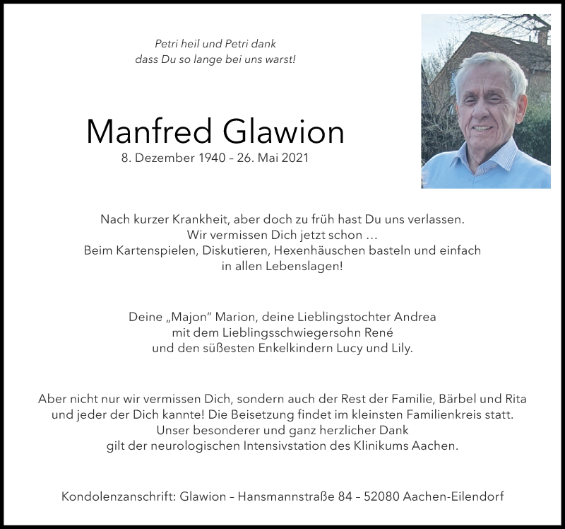  Traueranzeige für Manfred Glawion Glawion vom 30.05.2021 aus Zeitung am Sonntag